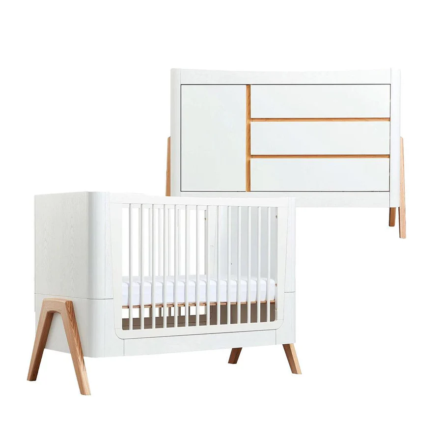 Gaia Baby Hera Cot Bed + Dresser Two Piece Bundle - 	Scandi-White + Natural-Nursery Sets- | Natural Baby Shower